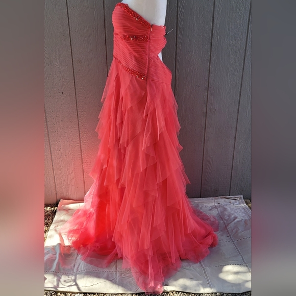 STUNNING Vibrant Coral crinoline Ruffle Strapless evening gown VTG EUC Sz 19/20 - Picture 4 of 9
